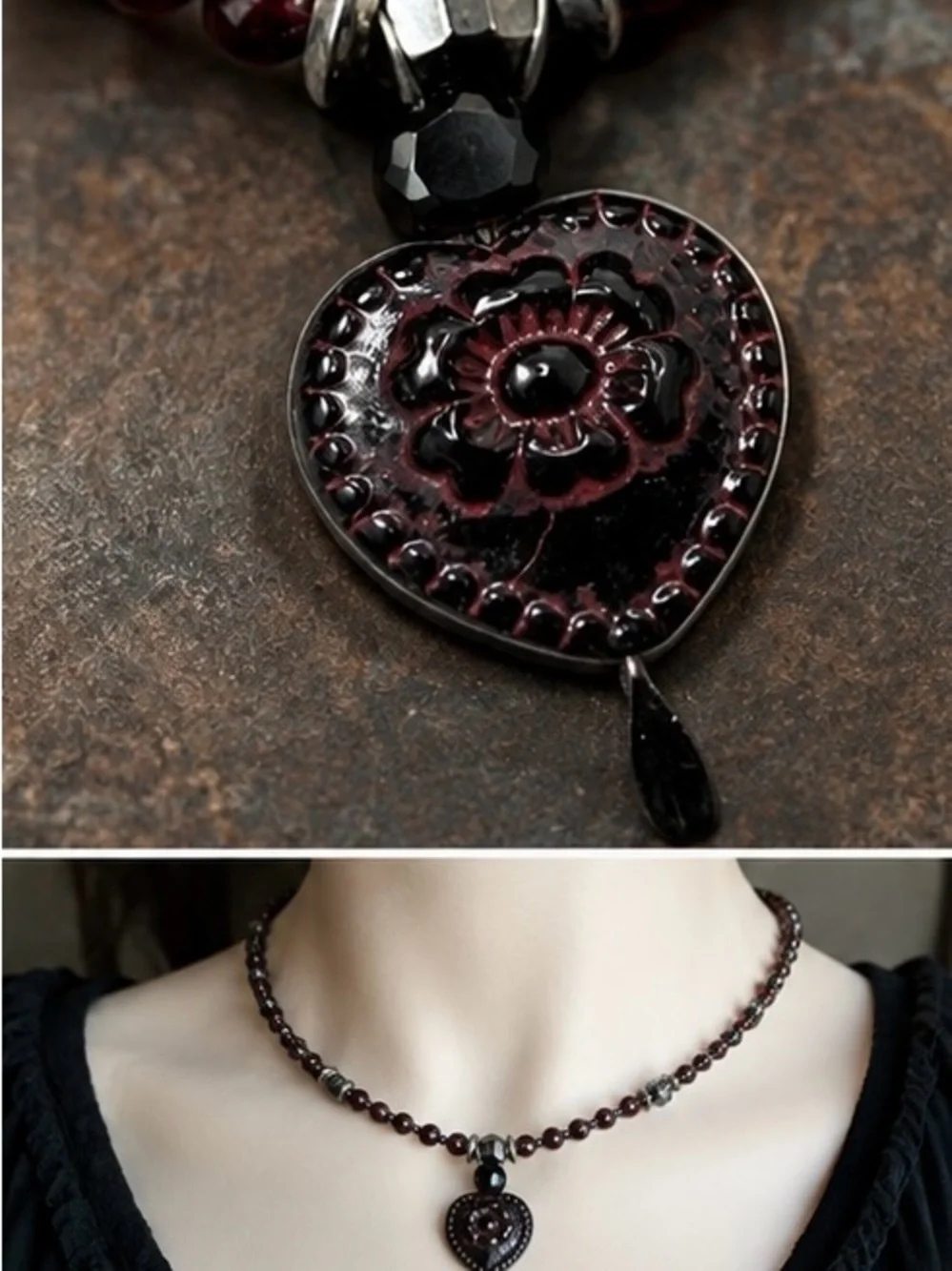 Czech Glass Heart Necklace & Earrings Set, Wrap Necklace, One of a Kind